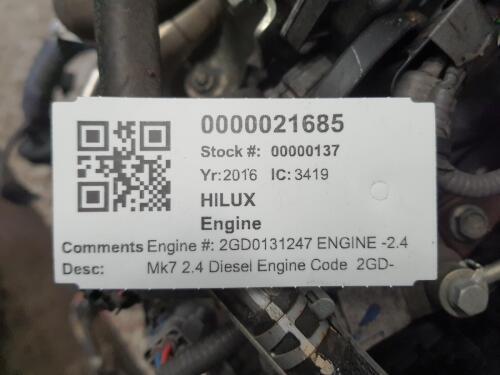 TOYOTA HILUX ENGINE 2.4 2GD-FTV 110KW 150BHP MK7 2016-2022